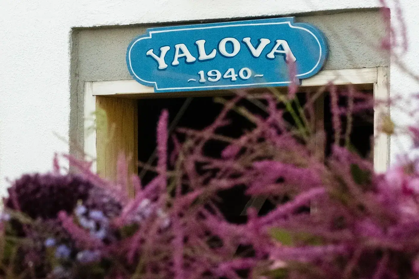 Bozcaada Yalova Restoran’ın lacivert YALOVA 1940 tabelalı girişi ve çiçekler